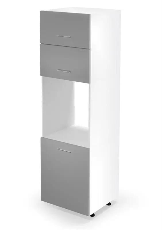 Must-Have Hoge ombouwkast keuken 214cm Licht Grijs Glans met nis, bovenkasten met gasveren en handgrepen