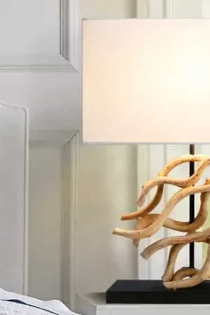 Bestseller Design Tafellamp Wave 60cm Natuurlijk Massief Hout Handgemaakte Witte Katoenen Kap - 43932