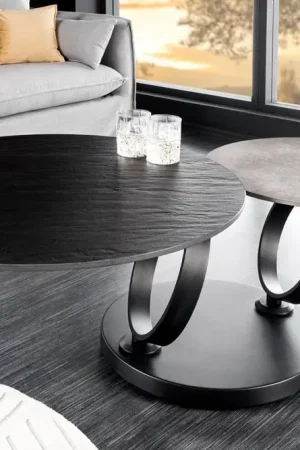 Aanbieding Draaibare Salontafel Dancing Rings Zwart Grijs Beton leisteen Keramiek Rond Metalen Onderstel - 44316