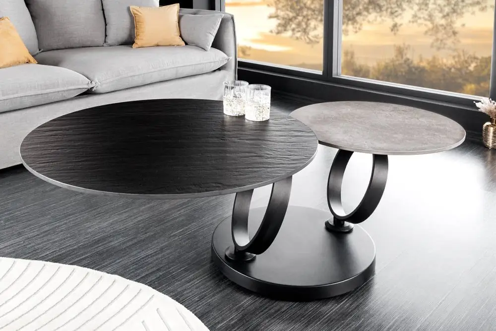 Aanbieding Draaibare Salontafel Dancing Rings Zwart Grijs Beton leisteen Keramiek Rond Metalen Onderstel - 44316