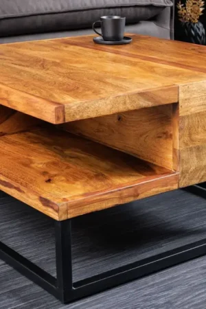 Voordeelprijs Massief Houten Salontafel Giant 60cm Natuurlijk Sheesham Steenafwerking Metaal Zwart Met Opbergruimte - 43750