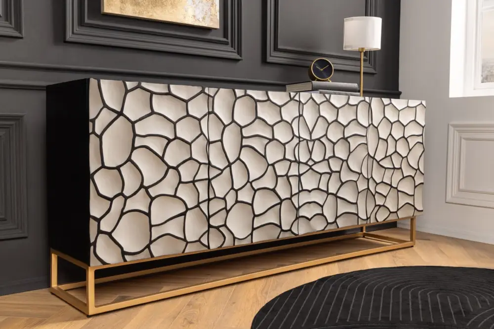 Massief Mangohout Dressoir Vulcano 180cm Wit 3D-Design Metalen Frame Zwart - 44646 Finale Uitverkoop