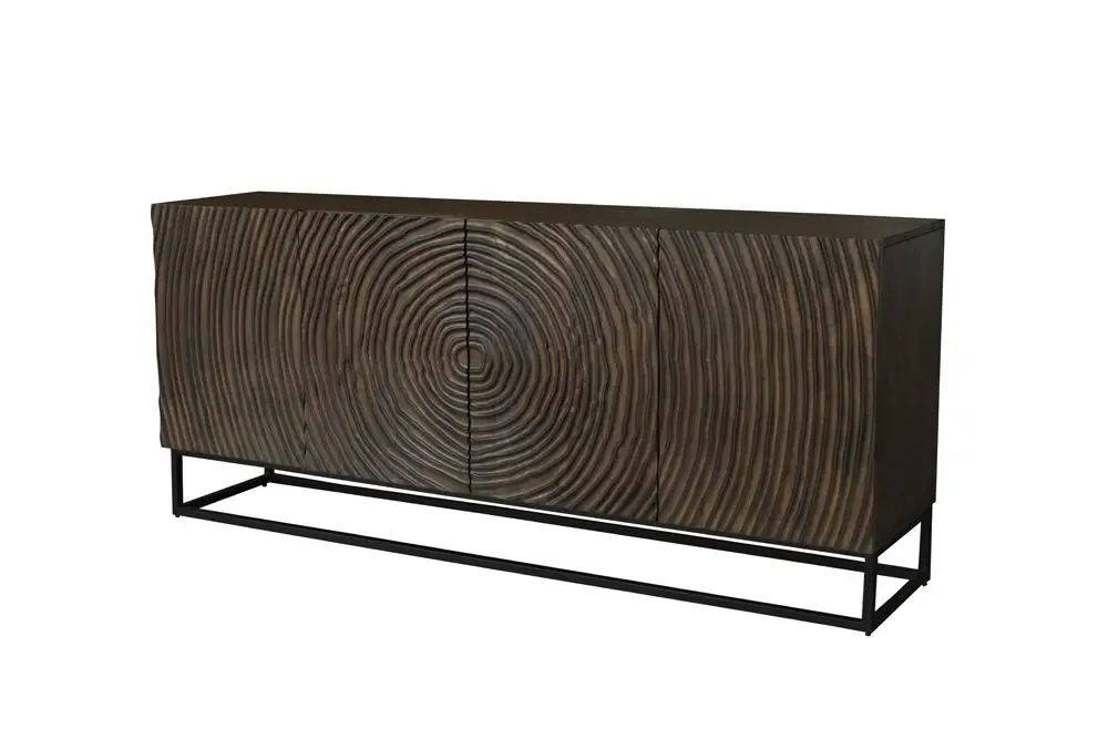 Voordeelprijs Massief Houten Dressoir Zen Circles 180cm DonkerBruin Mangohout 3D-Design met Zwart Metalen frame - 44580