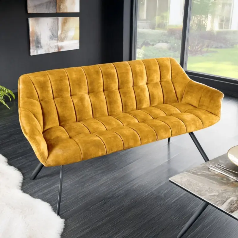 Meest Verkocht Eetkamerbank Mosterdgeel Fluweel Met Rugleuningen Pappillon 165cm Zwart Metalen Frame - 44527