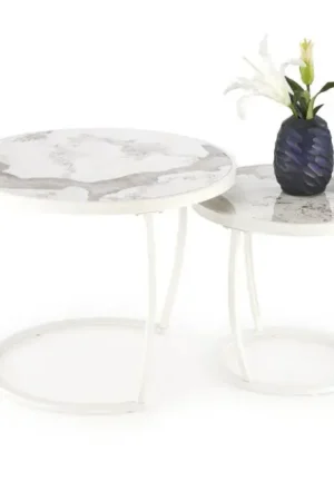 Voordeelprijs Bijzettafel 2-Delige Set Ines Beige Marmer Wit Frame