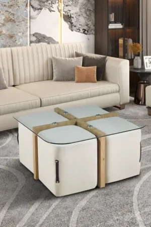 Salontafel Shana Met 4 Poefen Wit Stof Hout Frame - RD5101-1 Exclusieve Aanbieding