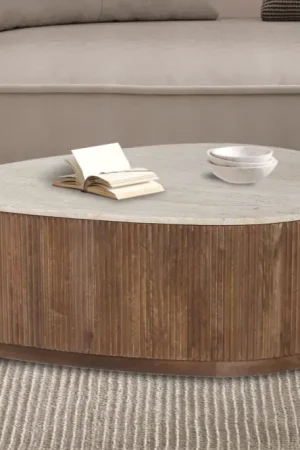 Salontafel Nalon 100cm Mango Hout Met Beige Steen - RF3406 Op = Op