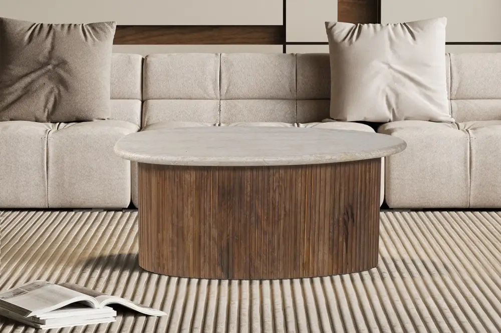 Salontafel Louis 90cm Mango Hout Met Beige Steen - RD3403 Must-Have