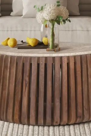 Salontafel Luuk 70cm Rond Mango Hout Met Beige Steen - RF3401 Gratis Retour
