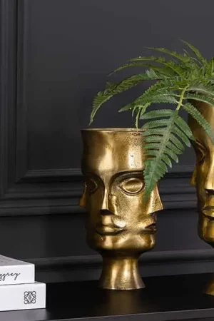 Direct Beschikbaar Plantenbak Vaas Face Set van 2 Aluminium Antiek Messing - 44872