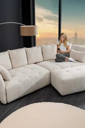 Bank Royal 295cm XL Veren Kern Afneembare Hoes Bouclé Champagne Beige - 44336 Favoriet