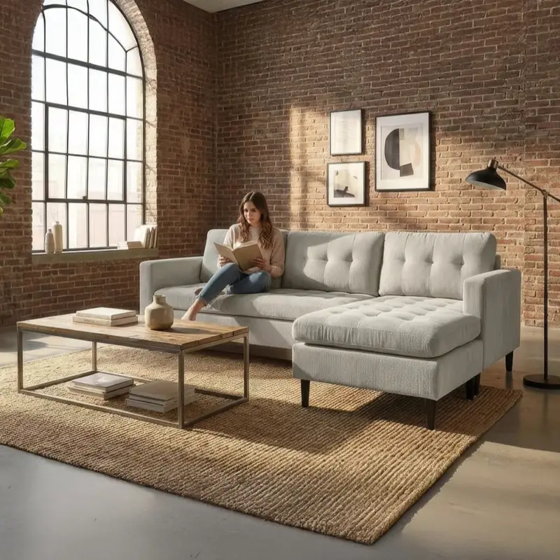 Moderne Hoekbank Stockholm 220cm Greige Corduroy Stof Spring Kern 3-Zitsbank - 47837 Meest Verkocht