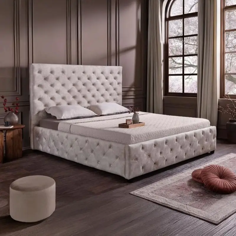 Shop Nu Modern Bed Paris 160x200cm Grijs Champagnebeige Fluweel met Opbergruimte Chesterfield Design - 48075