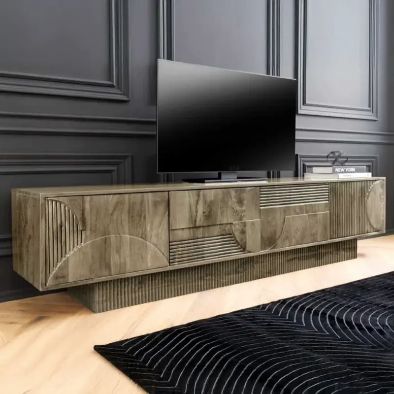 Beperkt Aanbod Massief Art Deco TV-Meubel, 200cm Grijs Mangohout 3D Front Handgemaakt Laag Paneel - 46804