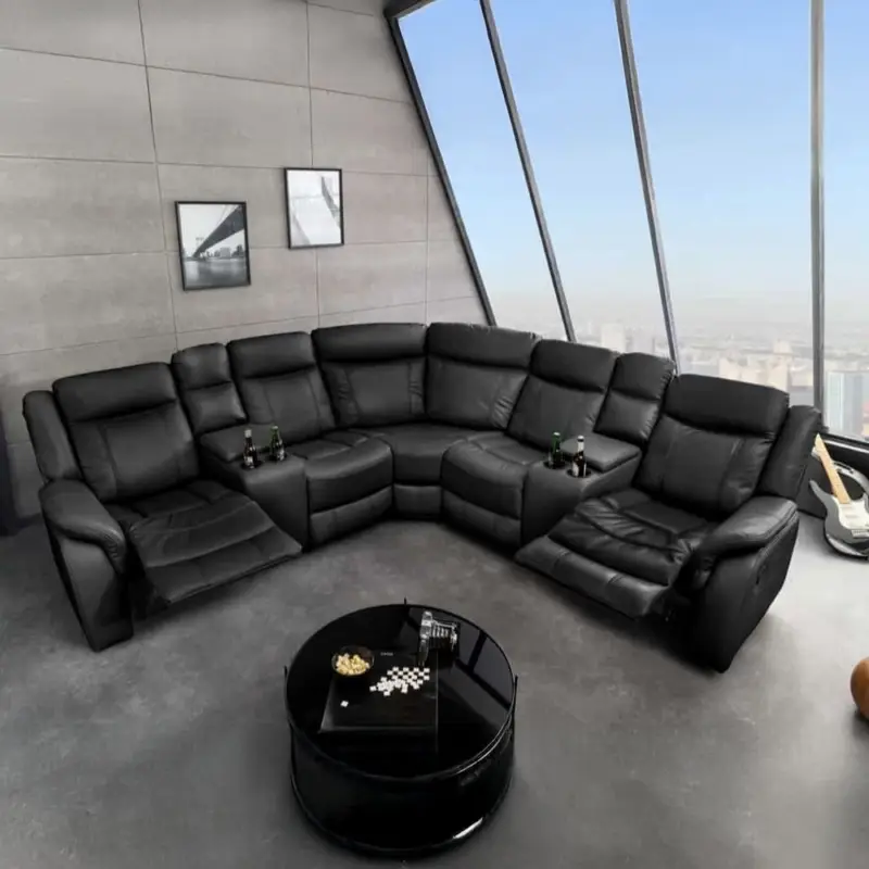 Koop Online Exclusieve 5-Zits Bioscoopfauteuil Hollywood Zwarte Hoekbank met Bekerhouders en Opbergruimte - 47590
