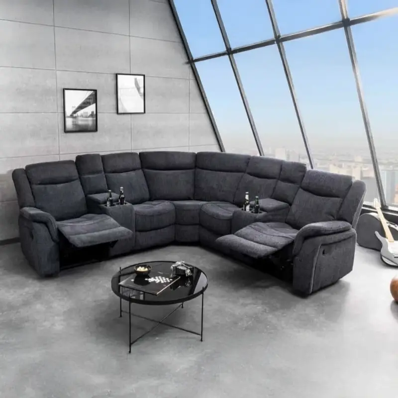 Merkproduct Exclusieve 5-Zits Bioscoopfauteuil Hollywood met Donkergrijze Gestructureerde Stof met Bekerhouder en Opbergruimte - 47588