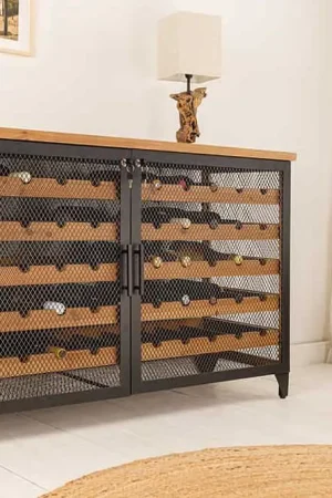 Design Wijnrek Bodega 130cm Naturel Zwart Vurenhout Metalen Flessenrek - 44750 Exclusieve Aanbieding