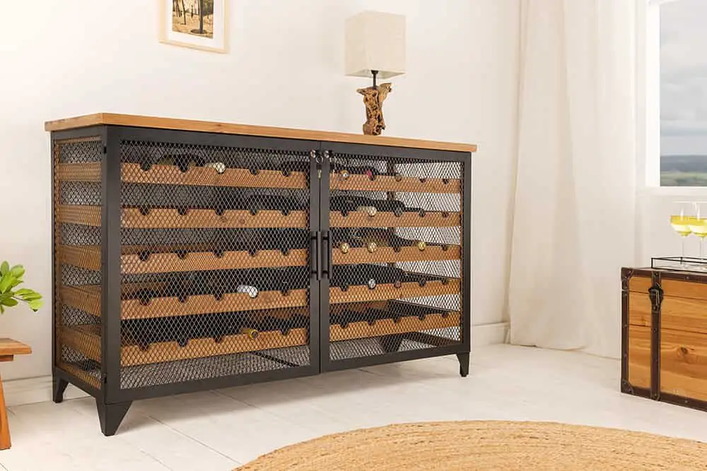 Design Wijnrek Bodega 130cm Naturel Zwart Vurenhout Metalen Flessenrek - 44750 Exclusieve Aanbieding