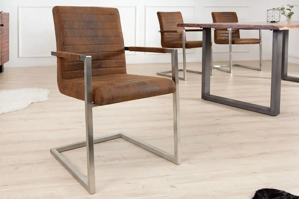 Snelle Levering Industriéle Cantileverstoel Loft Vintage Bruine Microvezel met Roestvrijstalen Armleuningen - 37078