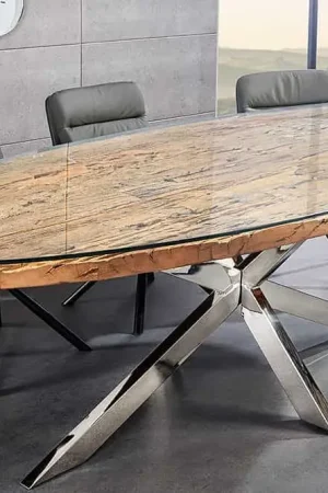Stevige Eettafel Barracuda 220cm Bruin Teakhout Zilverkleurige Stervoet Glazen Blad - 43626 Op = Op