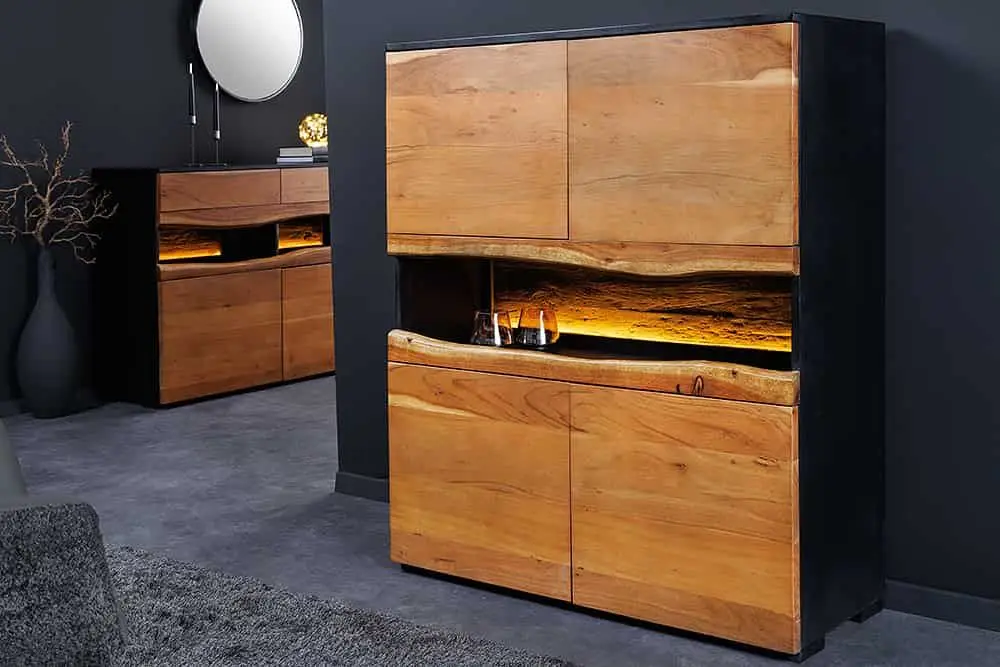 Hete Deal Massief Houten Highboard Grand acacia 120cm Bruin Acaciahout met Led Verlichting en Natuurlijke Rand - 44096